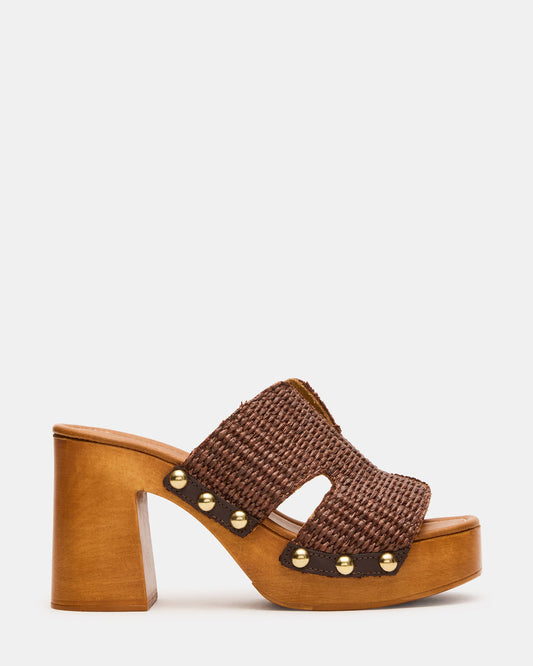 Steve Madden SUNKISSED Brown Raffia Platform Block Heel Studded Women's Sandal