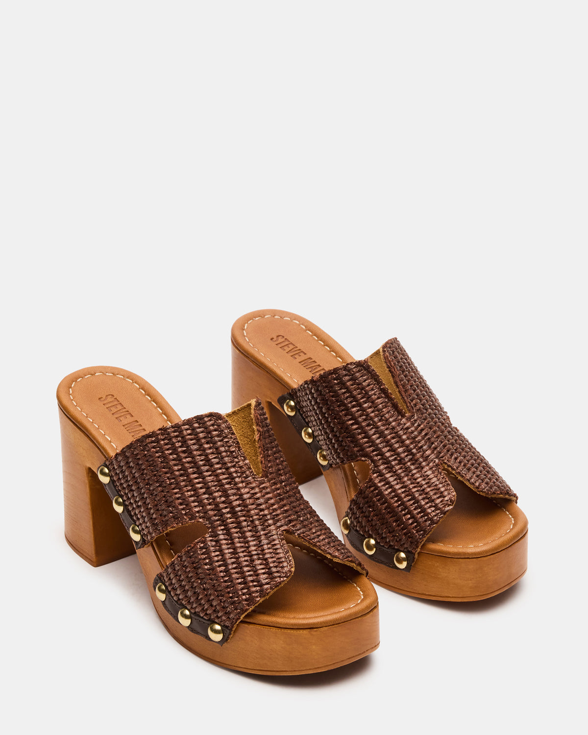 Steve Madden SUNKISSED Brown Raffia Platform Block Heel Studded Women's Sandal