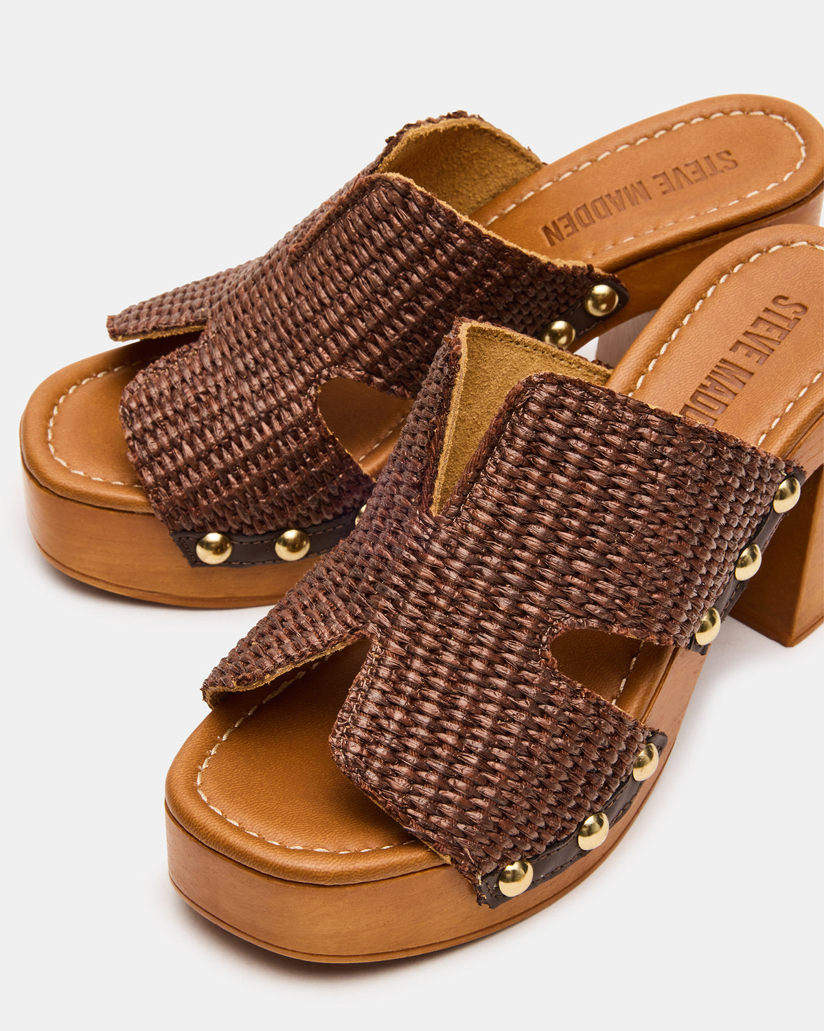 Steve Madden SUNKISSED Brown Raffia Platform Block Heel Studded Women's Sandal