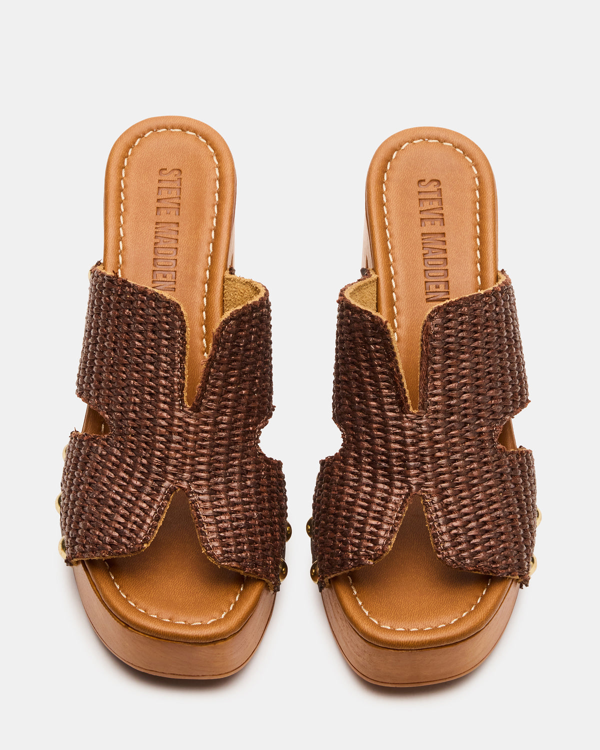 Steve Madden SUNKISSED Brown Raffia Platform Block Heel Studded Women's Sandal