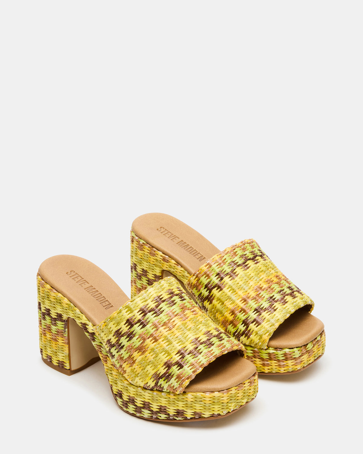 Steve Madden KOLA Raffia Multi Platform Square-Toe Block Heel Mule Women's Sandal