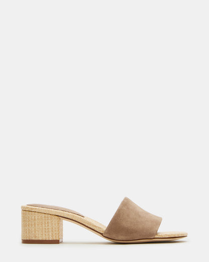 Steve Madden HAILEE Taupe Suede Women's Square-Toe Raffia Block Heel Mule Sandal