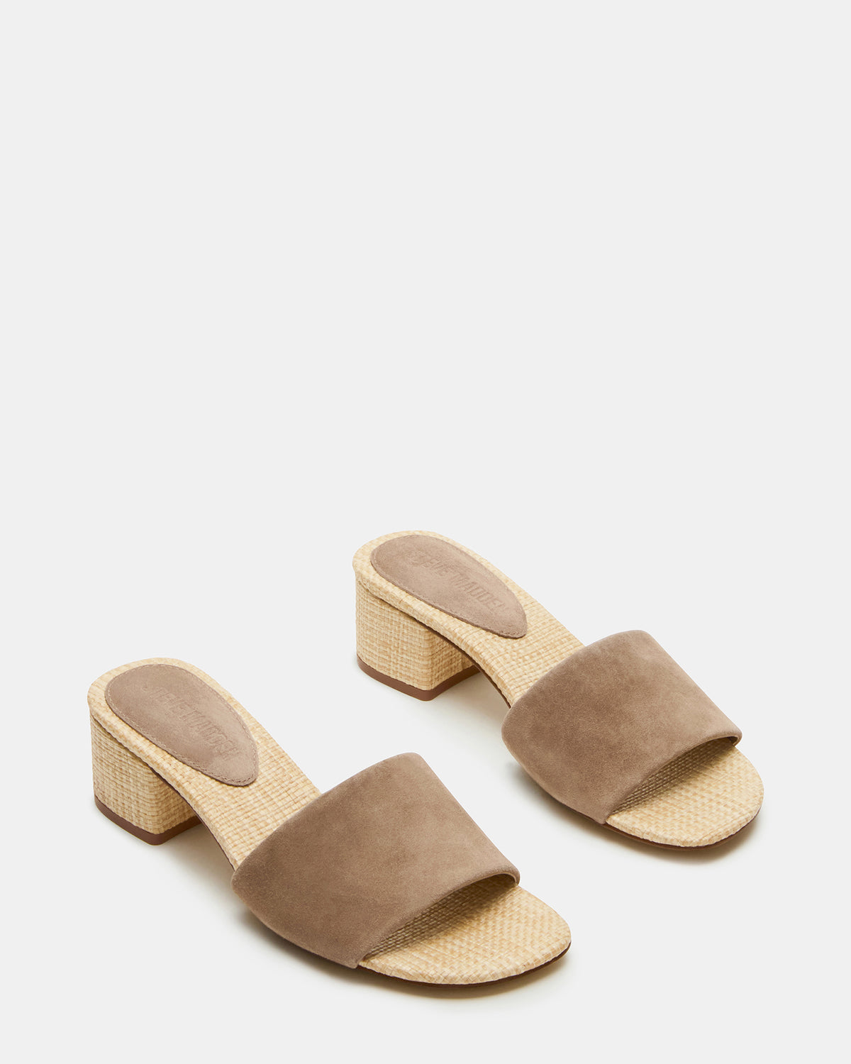Steve Madden HAILEE Taupe Suede Women's Square-Toe Raffia Block Heel Mule Sandal
