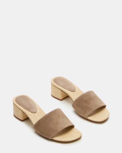 Steve Madden HAILEE Taupe Suede Women's Square-Toe Raffia Block Heel Mule Sandal