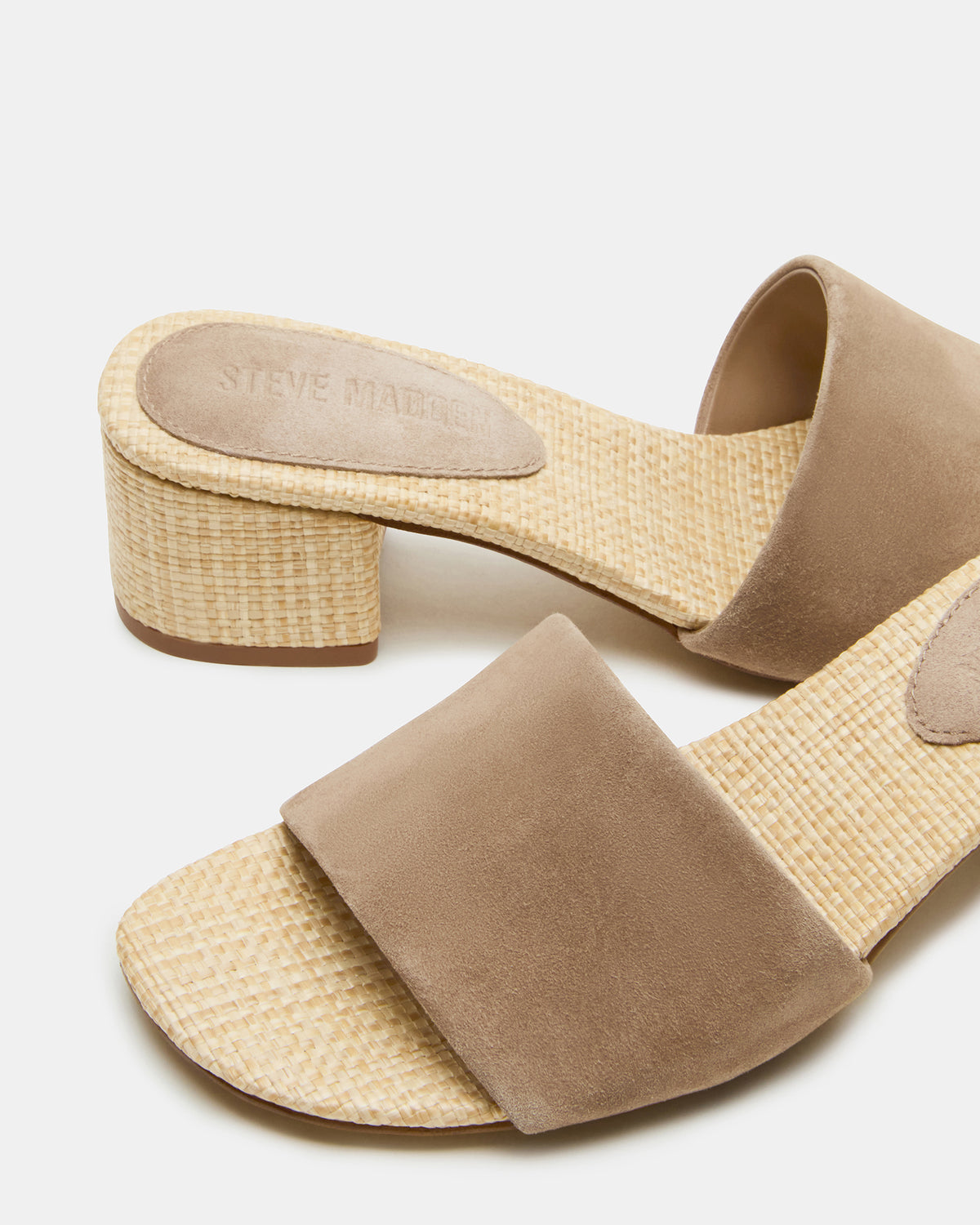 Steve Madden HAILEE Taupe Suede Women's Square-Toe Raffia Block Heel Mule Sandal