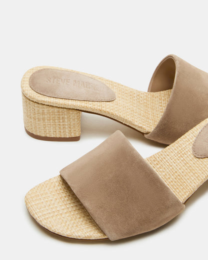 Steve Madden HAILEE Taupe Suede Women's Square-Toe Raffia Block Heel Mule Sandal