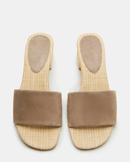 Steve Madden HAILEE Taupe Suede Women's Square-Toe Raffia Block Heel Mule Sandal