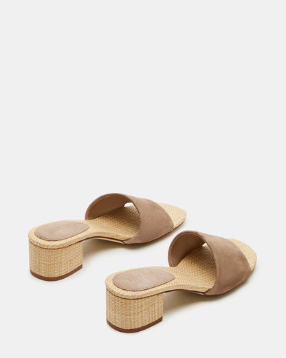 Steve Madden HAILEE Taupe Suede Women's Square-Toe Raffia Block Heel Mule Sandal