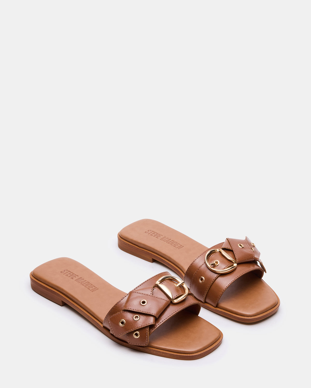 Steve Madden HILARIA Tan Leather Square-Toe Slide Women's Sandal