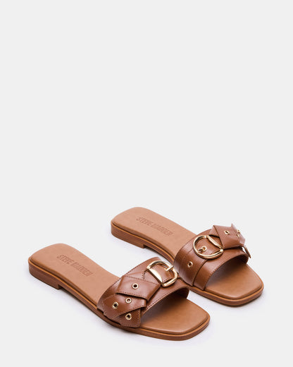 Steve Madden HILARIA Tan Leather Square-Toe Slide Women's Sandal