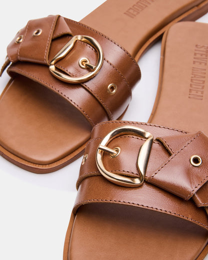 Steve Madden HILARIA Tan Leather Square-Toe Slide Women's Sandal