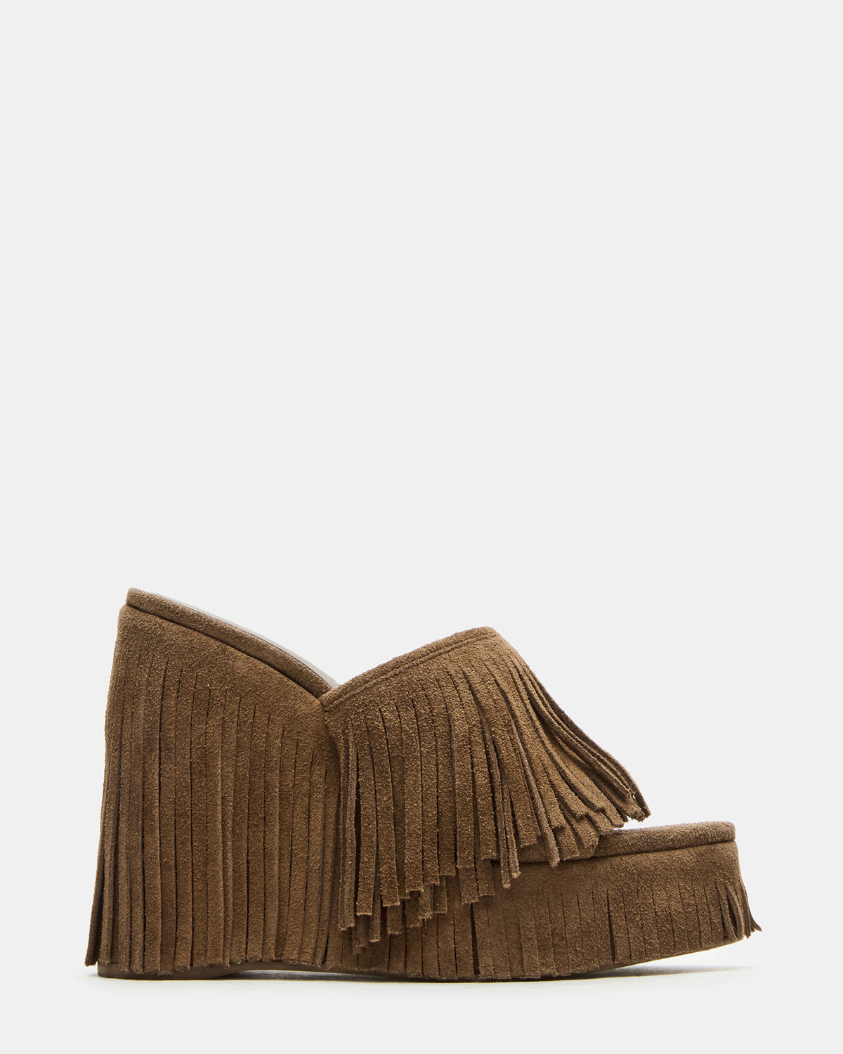 Steve Madden WYNN Chestnut Suede Platform Fringe Wedge Mule Women's Sandal