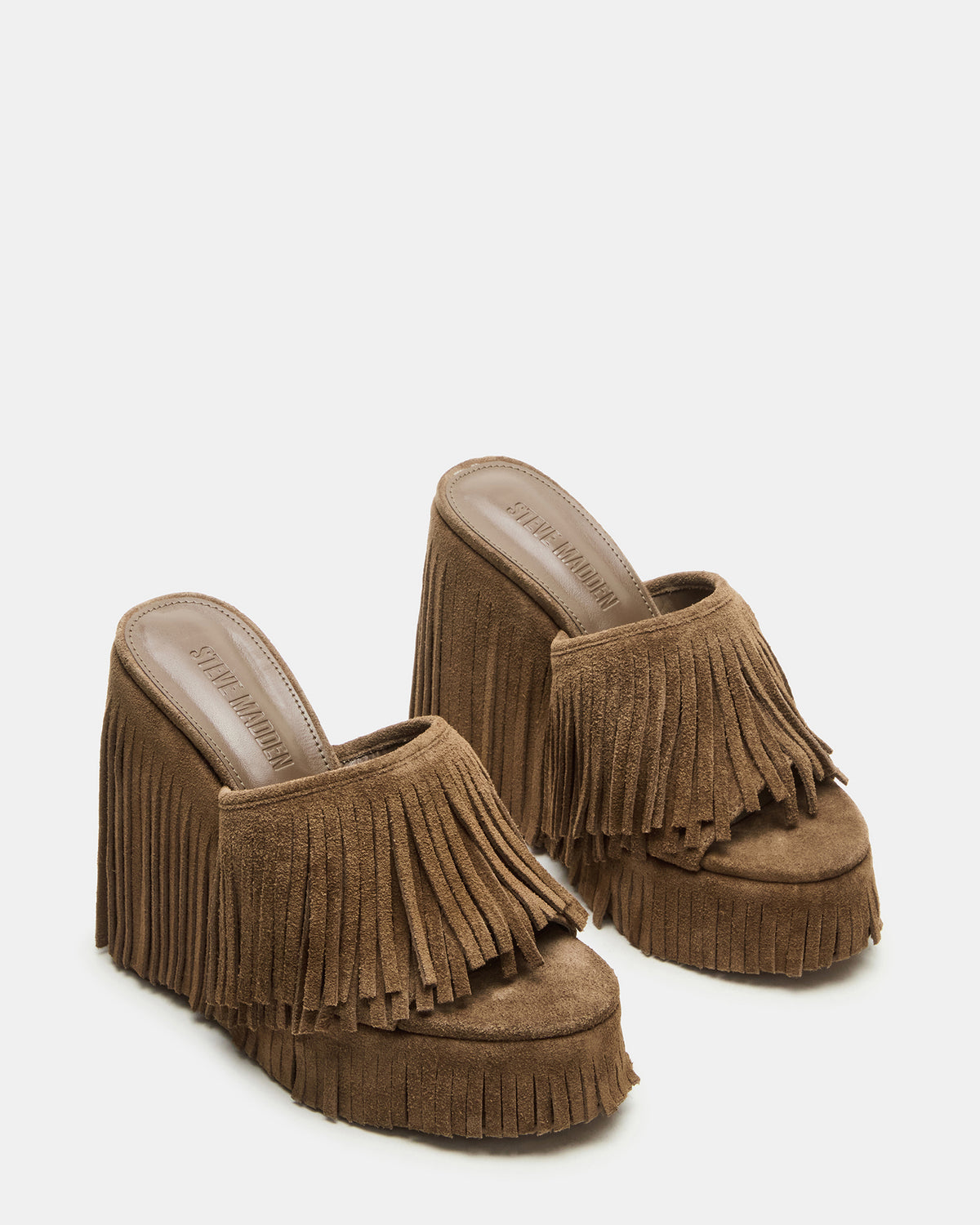 Steve Madden WYNN Chestnut Suede Platform Fringe Wedge Mule Women's Sandal