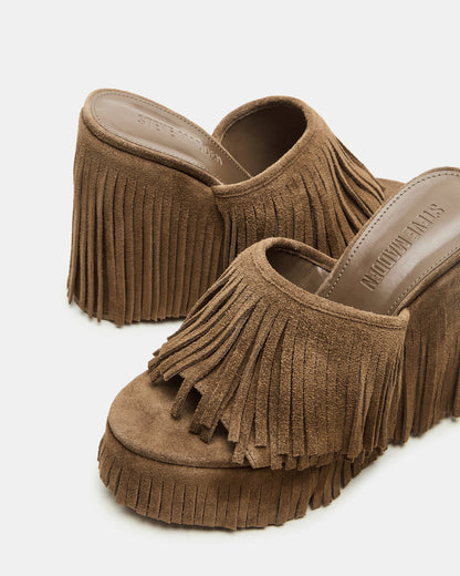 Steve Madden WYNN Chestnut Suede Platform Fringe Wedge Mule Women's Sandal