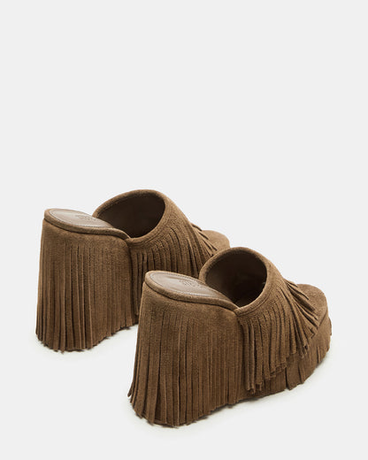Steve Madden WYNN Chestnut Suede Platform Fringe Wedge Mule Women's Sandal