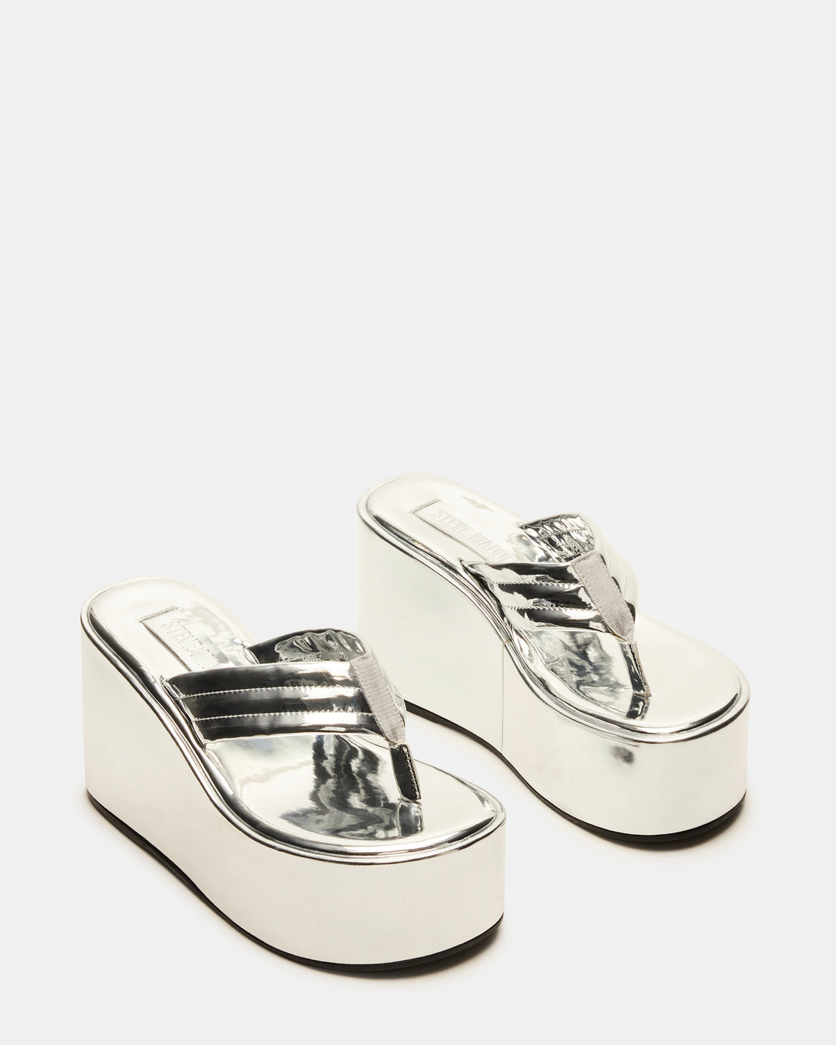 Steve Madden ESCAPISM Silver Crocodile Women's Platform Thong Wedge Sandal