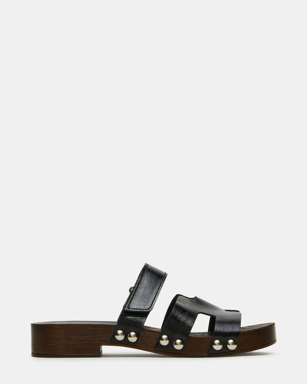 Steve Madden CANAL Black Patent Wood Bottom Slide Women's Sandal
