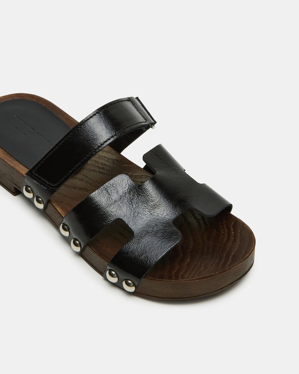 Steve Madden CANAL Black Patent Wood Bottom Slide Women's Sandal
