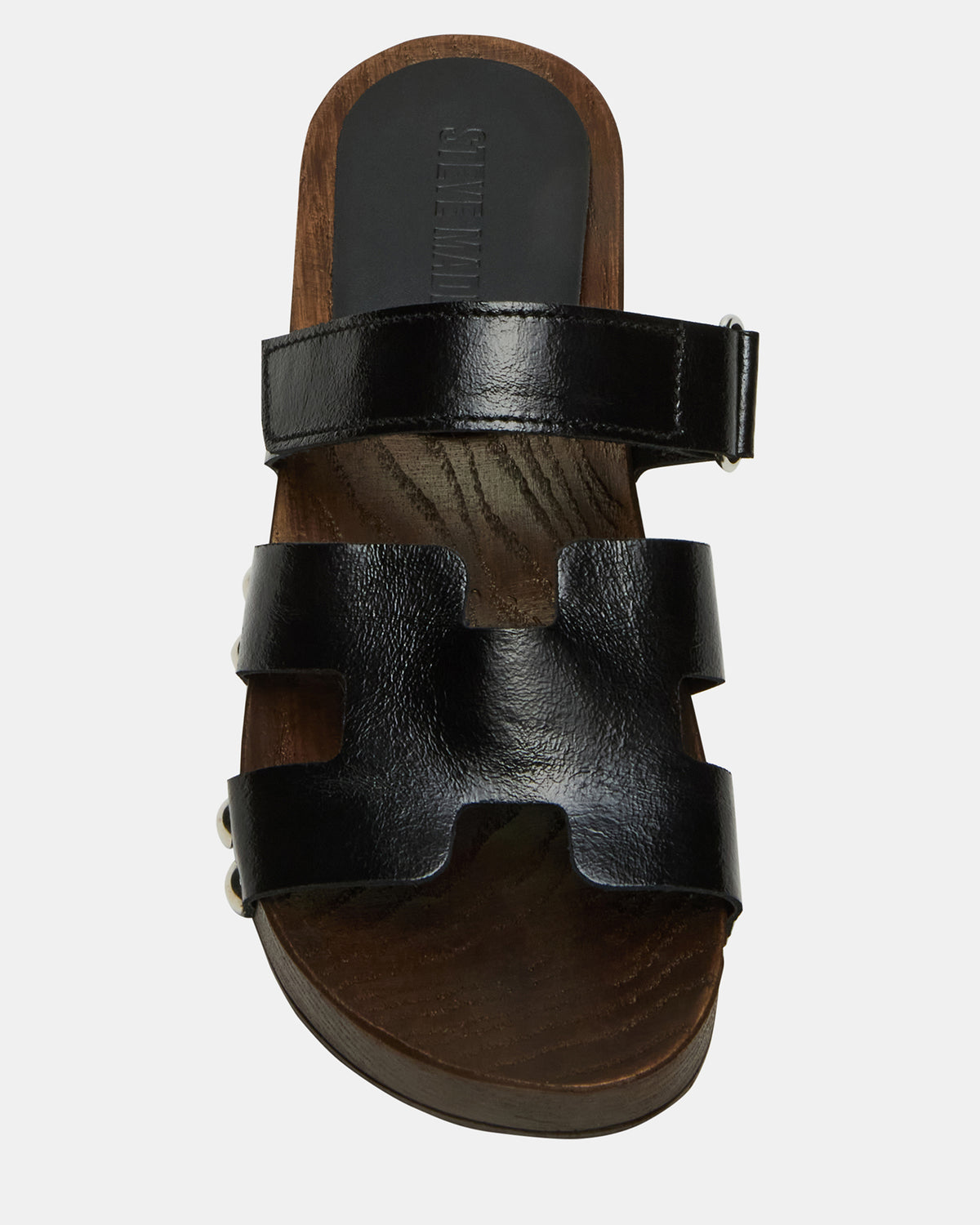Steve Madden CANAL Black Patent Wood Bottom Slide Women's Sandal