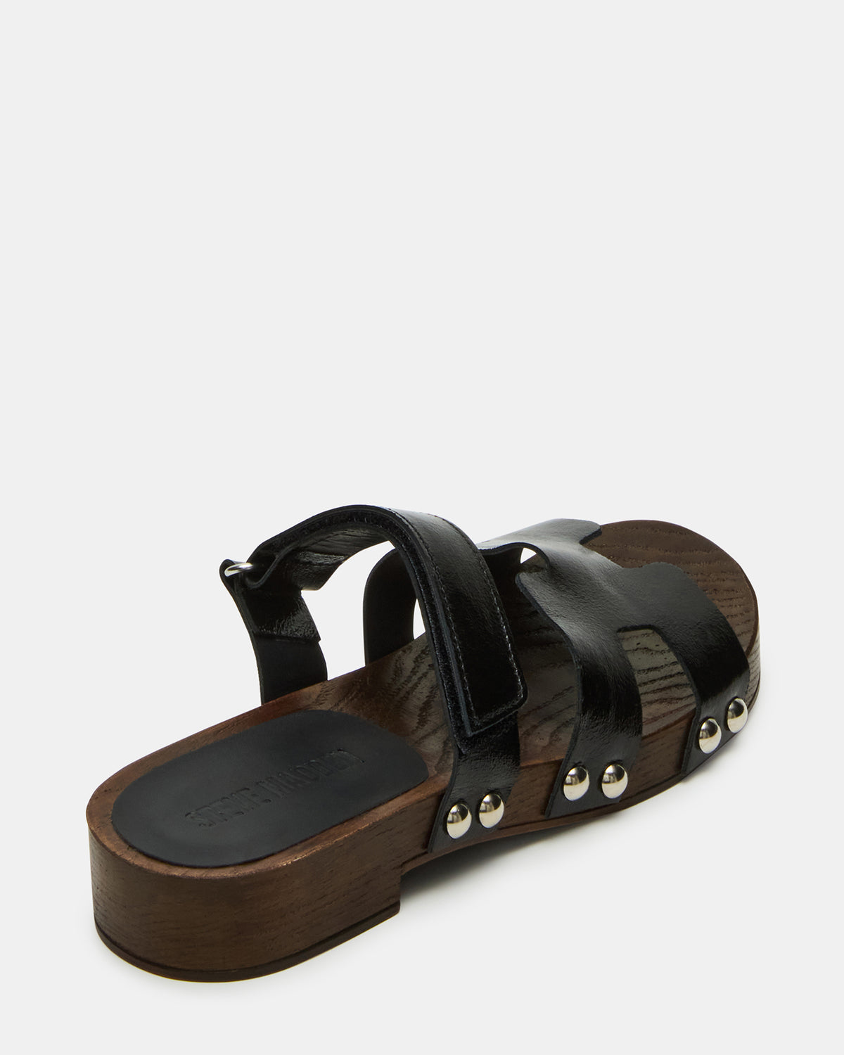 Steve Madden CANAL Black Patent Wood Bottom Slide Women's Sandal