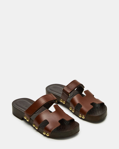 Steve Madden CANAL Brown Leather Wood Bottom Slide Women's Sandal