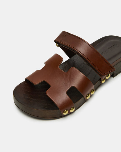 Steve Madden CANAL Brown Leather Wood Bottom Slide Women's Sandal
