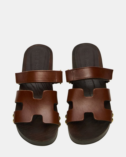 Steve Madden CANAL Brown Leather Wood Bottom Slide Women's Sandal