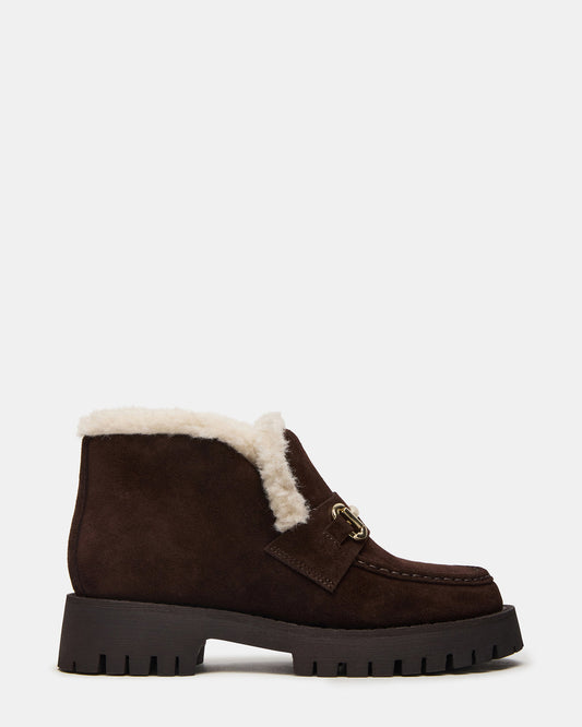 Steve Madden LEON Faux Fur Chocolae Brown Suede Platform Lug Sole Women's Loafer