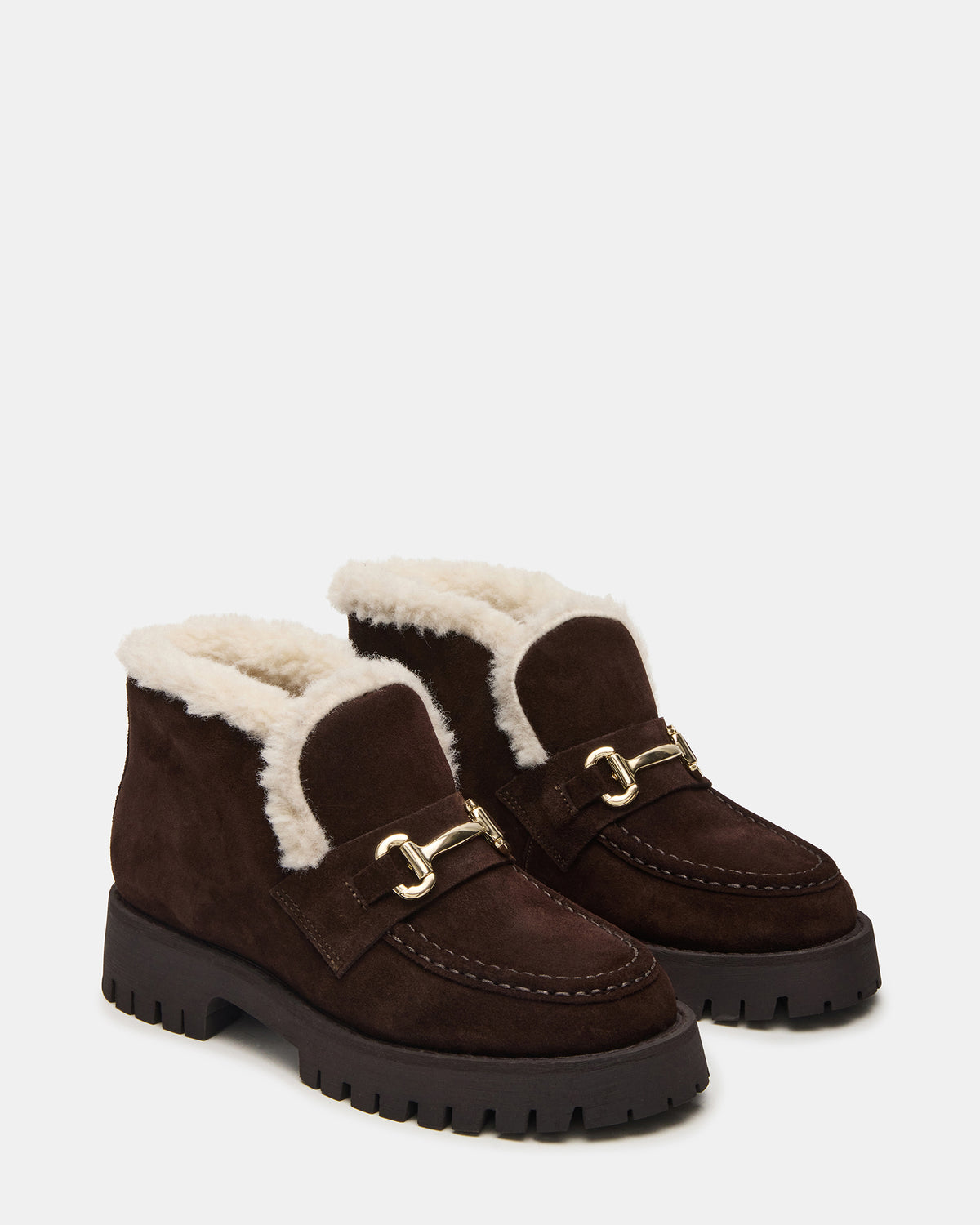 Steve Madden LEON Faux Fur Chocolae Brown Suede Platform Lug Sole Women's Loafer