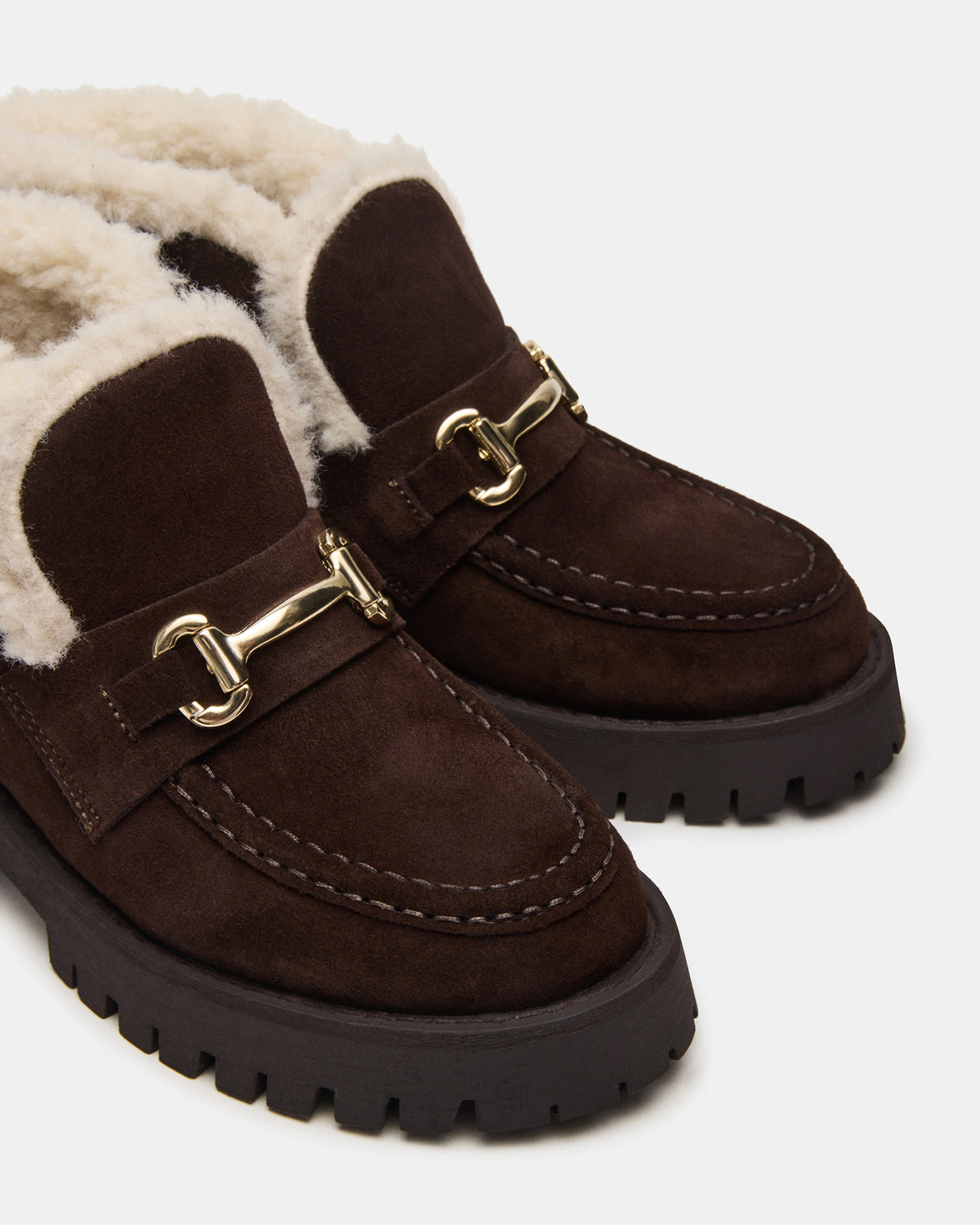 Steve Madden LEON Faux Fur Chocolae Brown Suede Platform Lug Sole Women's Loafer