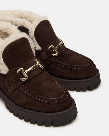 Steve Madden LEON Faux Fur Chocolae Brown Suede Platform Lug Sole Women's Loafer