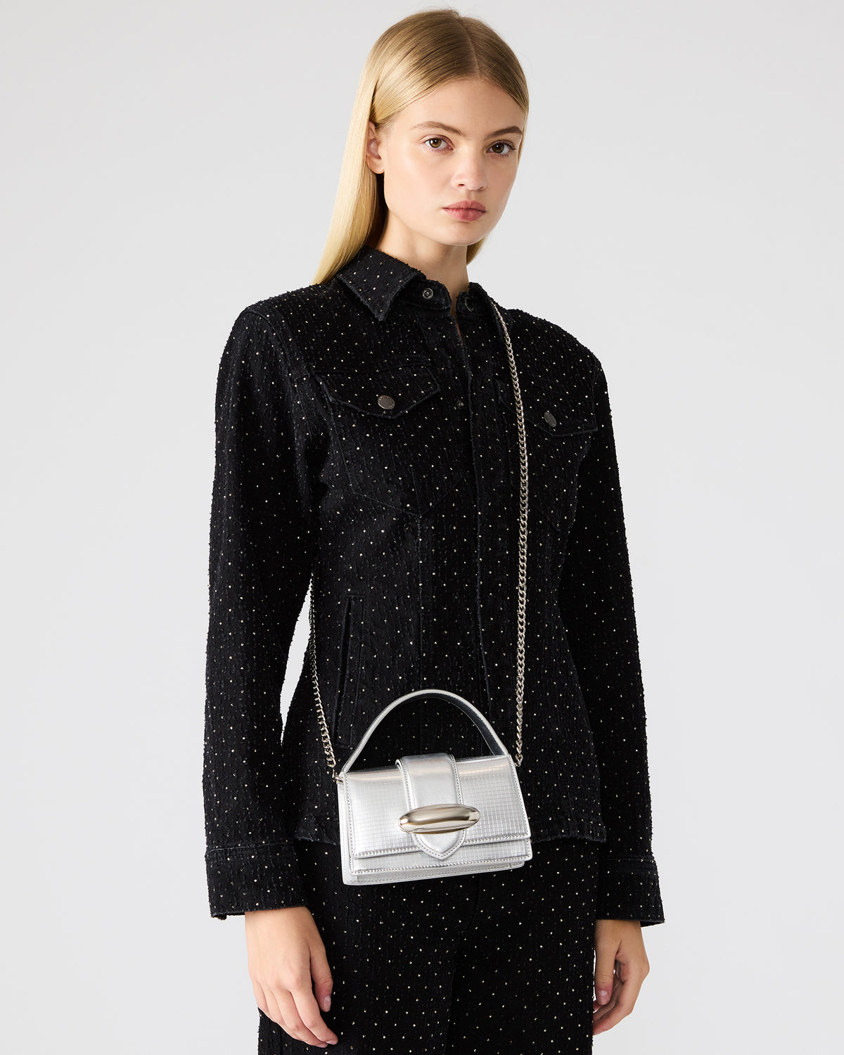 Steve Madden MISHELL Bag Silver Disco Top-Handle Mini Handbag
