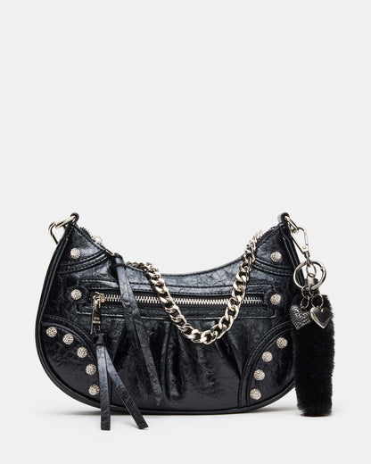 Steve Madden ERIKA Bag Black Rhinestone Embellished Studded Crinkle Moto Crossbody Handbag
