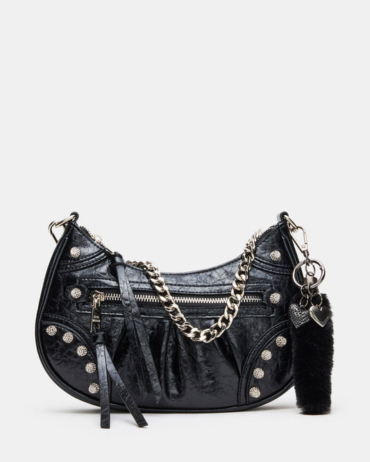 Steve Madden ERIKA Bag Black Rhinestone Embellished Studded Crinkle Moto Crossbody Handbag