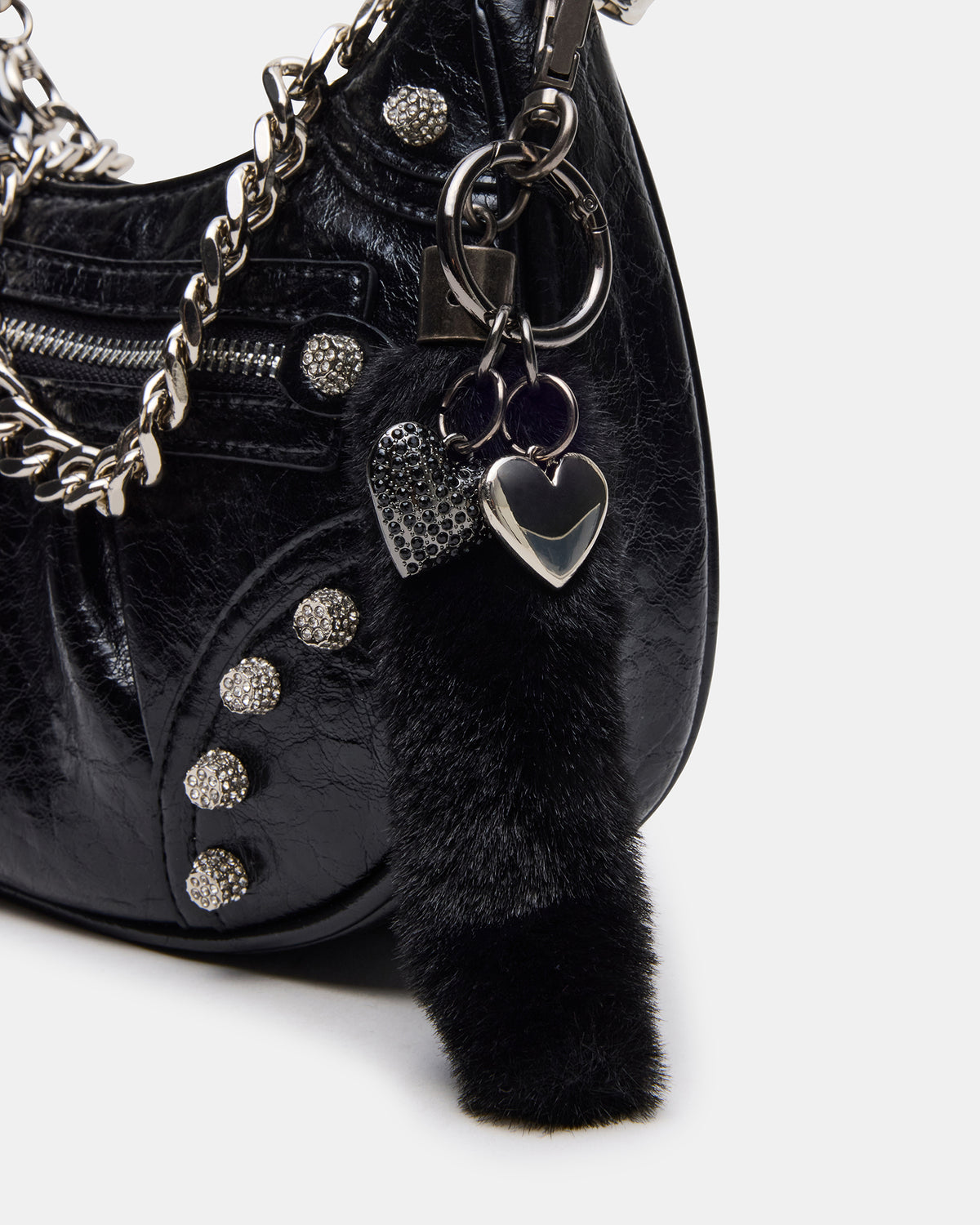 Steve Madden ERIKA Bag Black Rhinestone Embellished Studded Crinkle Moto Crossbody Handbag