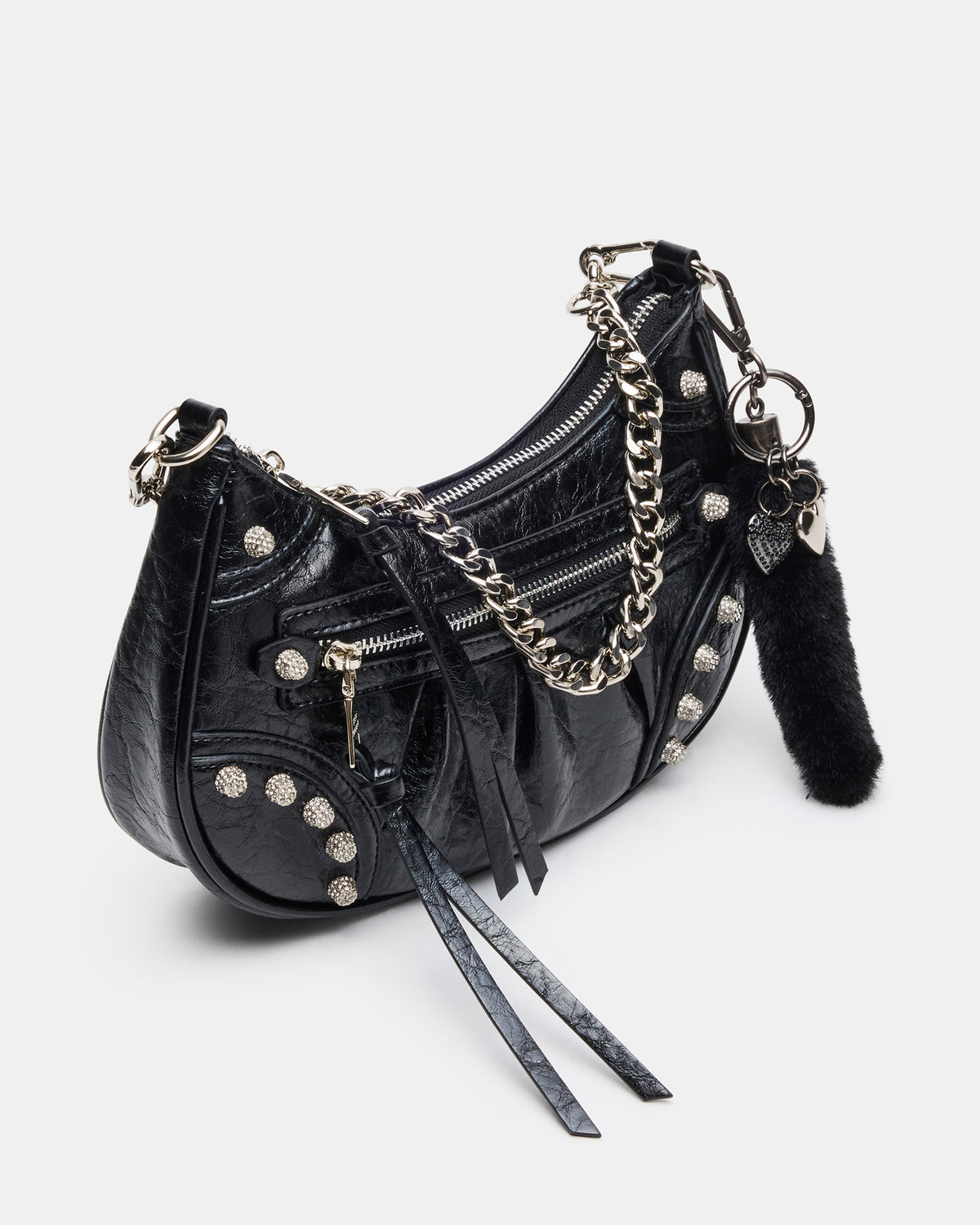 Steve Madden ERIKA Bag Black Rhinestone Embellished Studded Crinkle Moto Crossbody Handbag