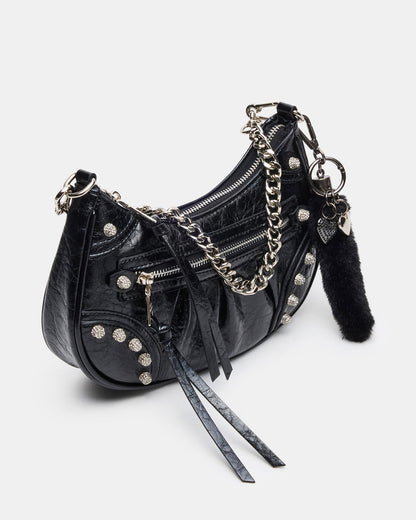 Steve Madden ERIKA Bag Black Rhinestone Embellished Studded Crinkle Moto Crossbody Handbag