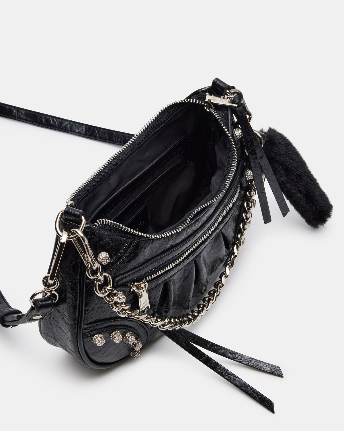 Steve Madden ERIKA Bag Black Rhinestone Embellished Studded Crinkle Moto Crossbody Handbag
