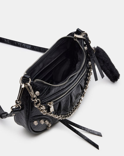 Steve Madden ERIKA Bag Black Rhinestone Embellished Studded Crinkle Moto Crossbody Handbag