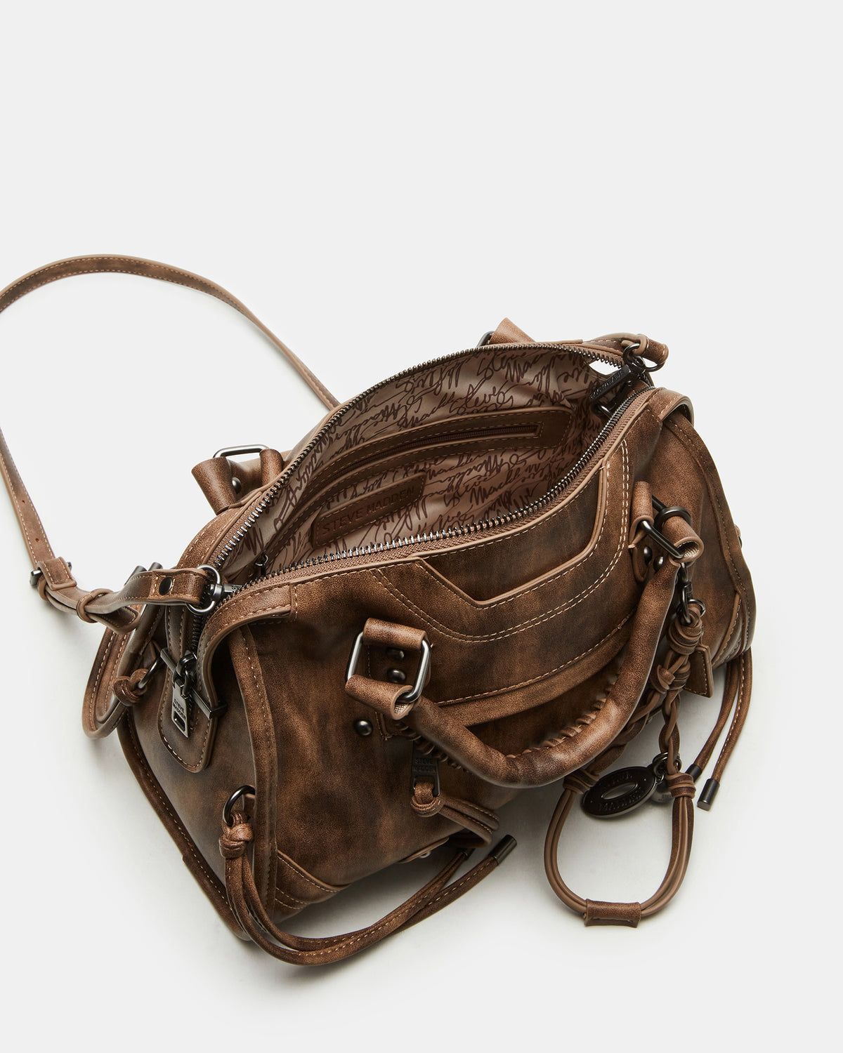 Steve Madden RIGGS Brown Distressed Slouchy Top-Handle Crossbody Satchel Handbag