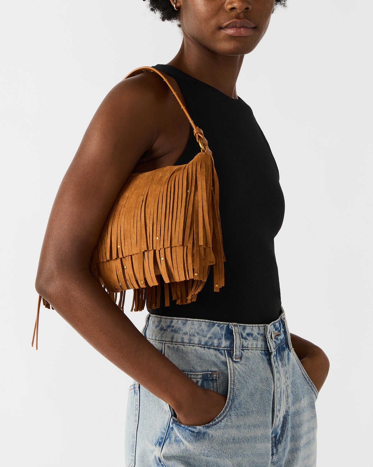 Steve Madden BOHEME Bag Tobacco Shoulder Strap Studded Fringe Handbag