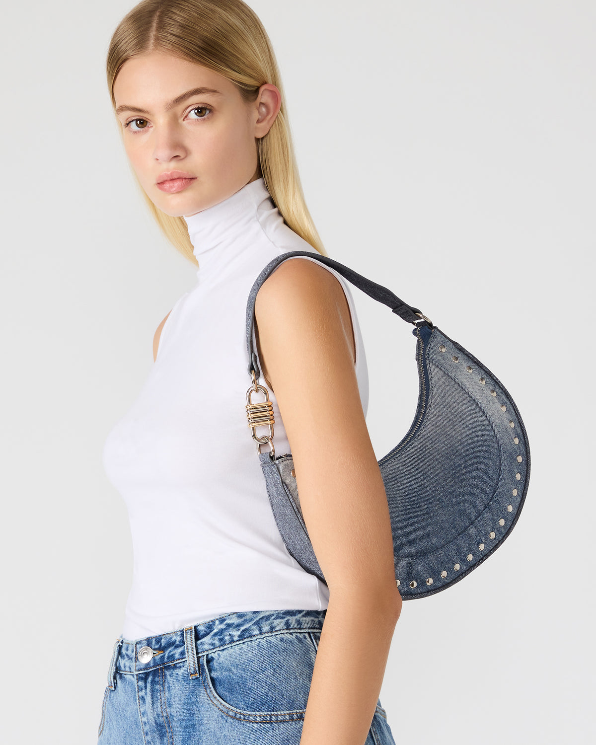 Steve Madden LIAMM Bag Denim Shoulder Strap Dome-Studded Women's Handbag