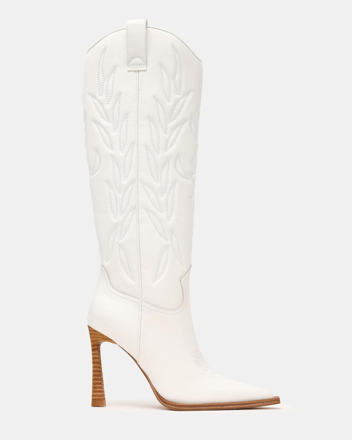 Steve Madden KINZEE White Leather Pointed-Toe Knee-High Western Stiletto Women's Boot