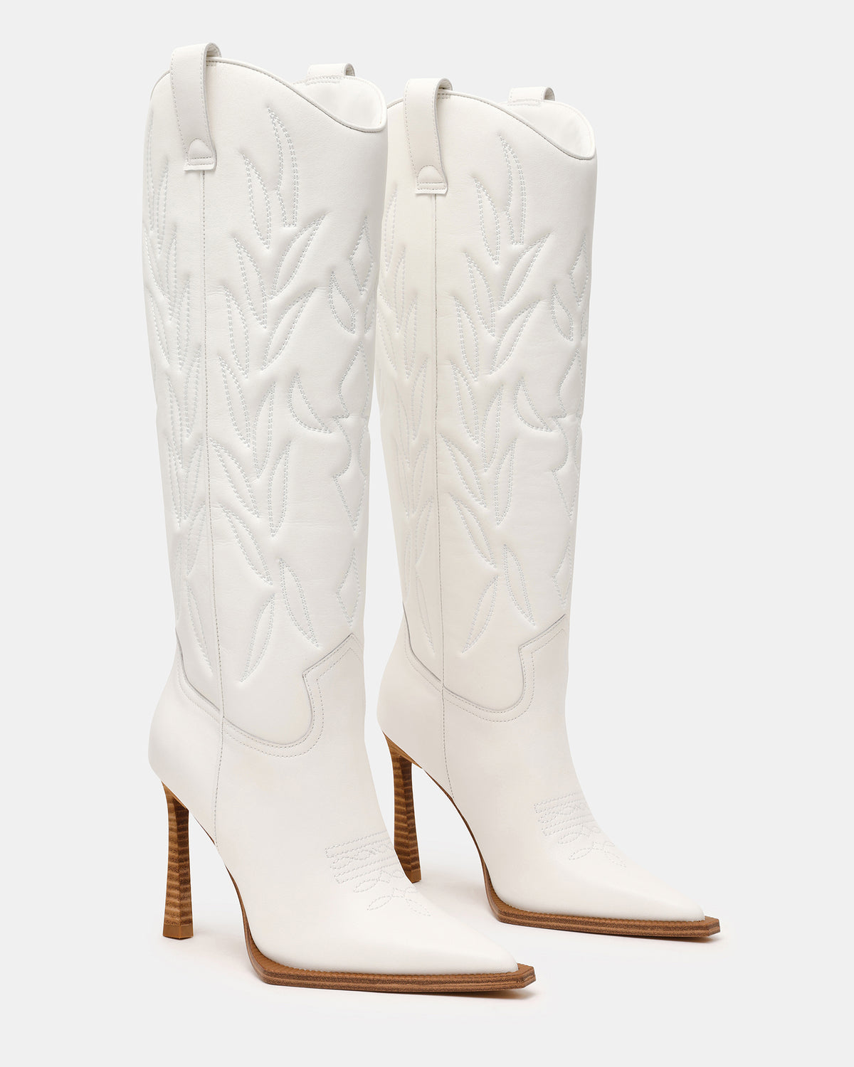 Steve Madden KINZEE White Leather Pointed-Toe Knee-High Western Stiletto Women's Boot
