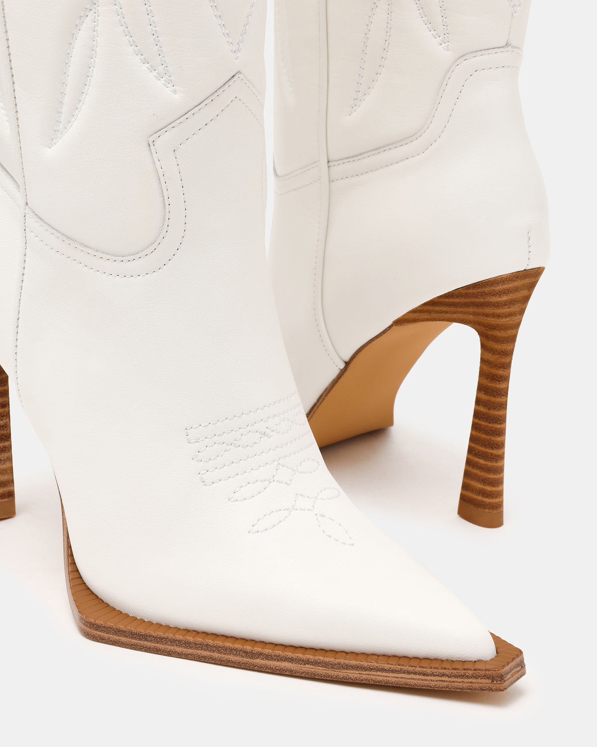 Steve Madden KINZEE White Leather Pointed-Toe Knee-High Western Stiletto Women's Boot