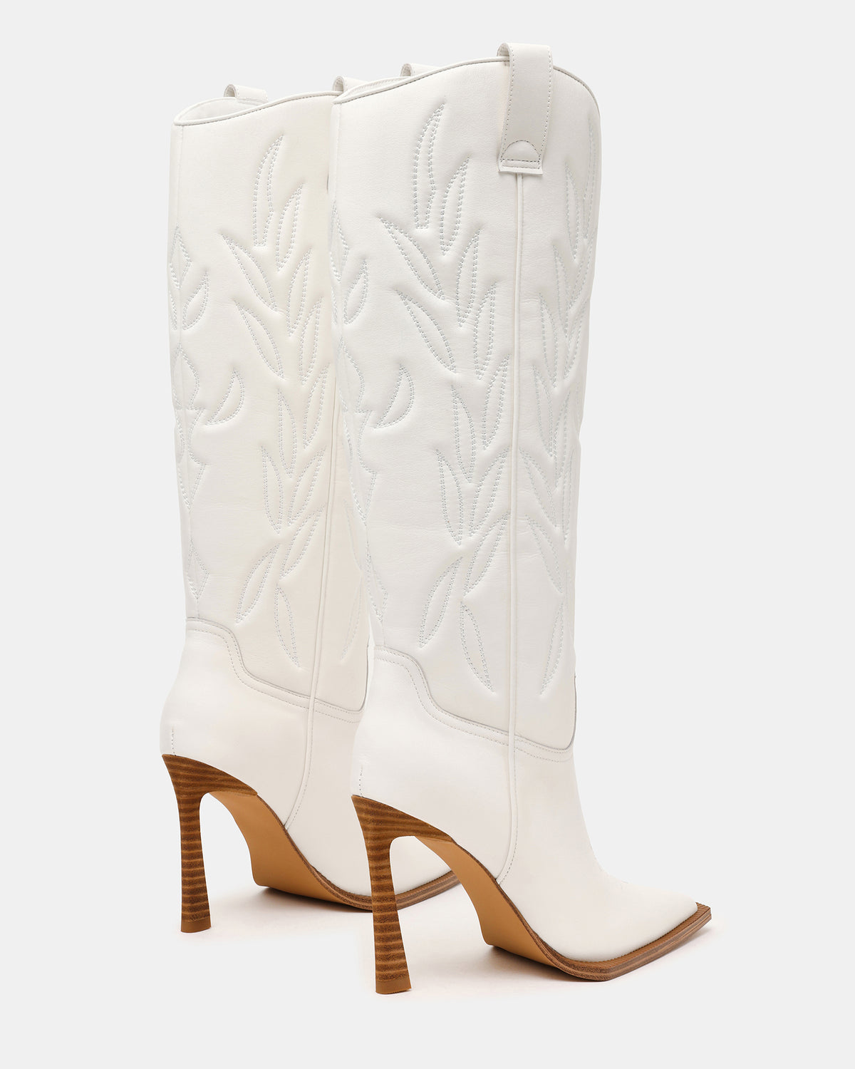 Steve Madden KINZEE White Leather Pointed-Toe Knee-High Western Stiletto Women's Boot