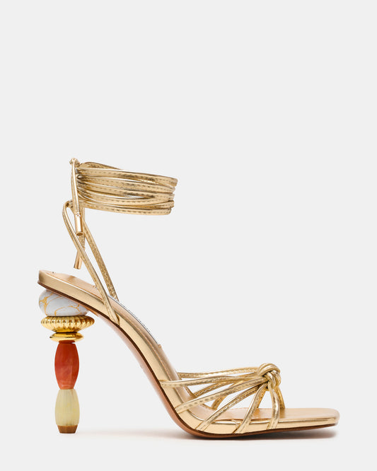 Steve Madden SOLENA Gold Strappy Leg-Tie Square-Toe Women's Sculptured Heel
