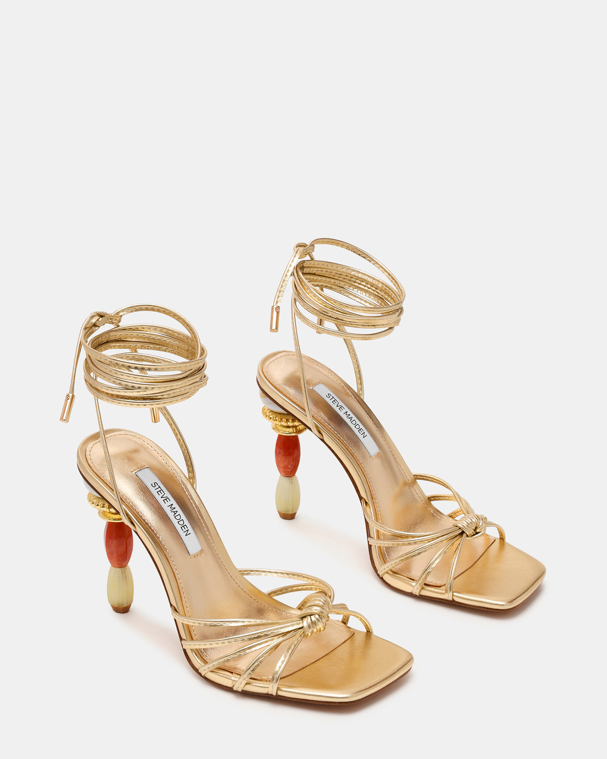 Steve Madden SOLENA Gold Strappy Leg-Tie Square-Toe Women's Sculptured Heel