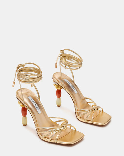 Steve Madden SOLENA Gold Strappy Leg-Tie Square-Toe Women's Sculptured Heel
