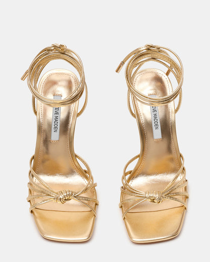 Steve Madden SOLENA Gold Strappy Leg-Tie Square-Toe Women's Sculptured Heel